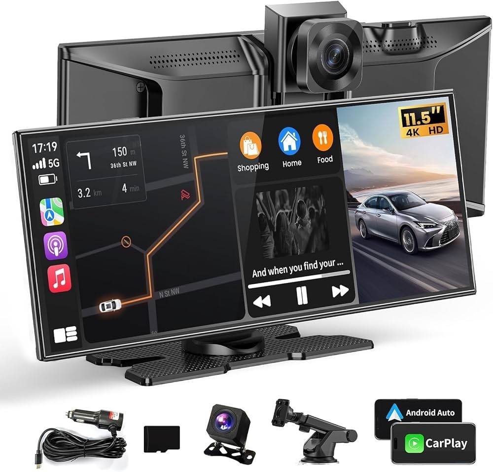 Largest 11.5" Portable Carplay Screen for Car, 4K Wireless Car Play & Black