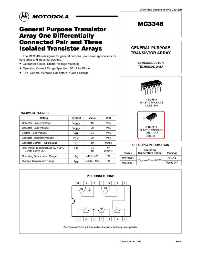 1/5/10Pcs Motorola MC3346D Five General Purpose & RF NPN Transistor Array SO-14