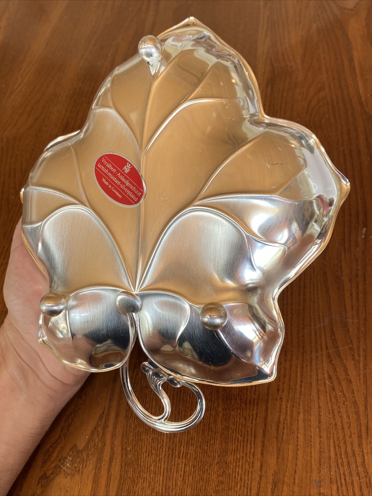 WMF Germany EP BRASS Brushed SilverPlate Footed Grapes 🍇 Handled Leaf Vein Dish