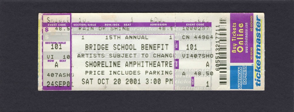 2001 Neil Young Pearl Jam Billy Idol Dave Matthews R.E.M. concert ticket Bridge