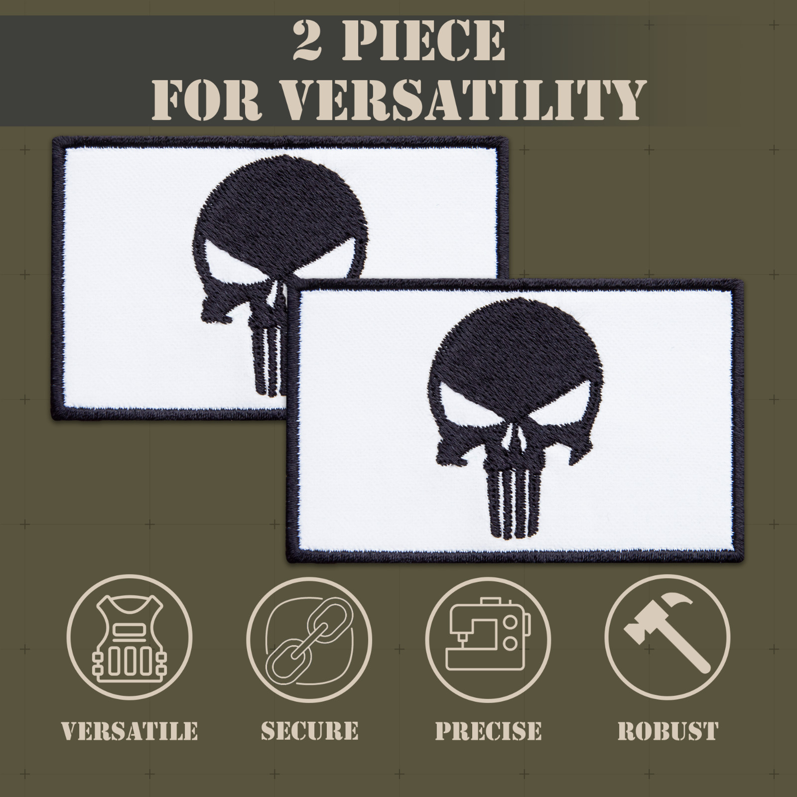 2Pcs Glow-in-the-Dark Skull Patch Set – Embroidered Tactical Morale Patches