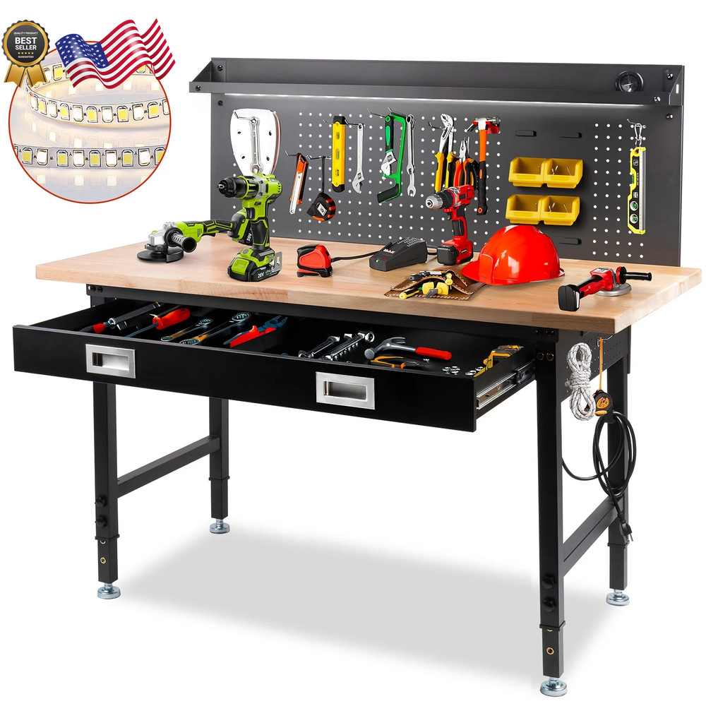 Multifunctional Workbench 60X22" with Pegboard Worktable W/ Power Outlets, LED