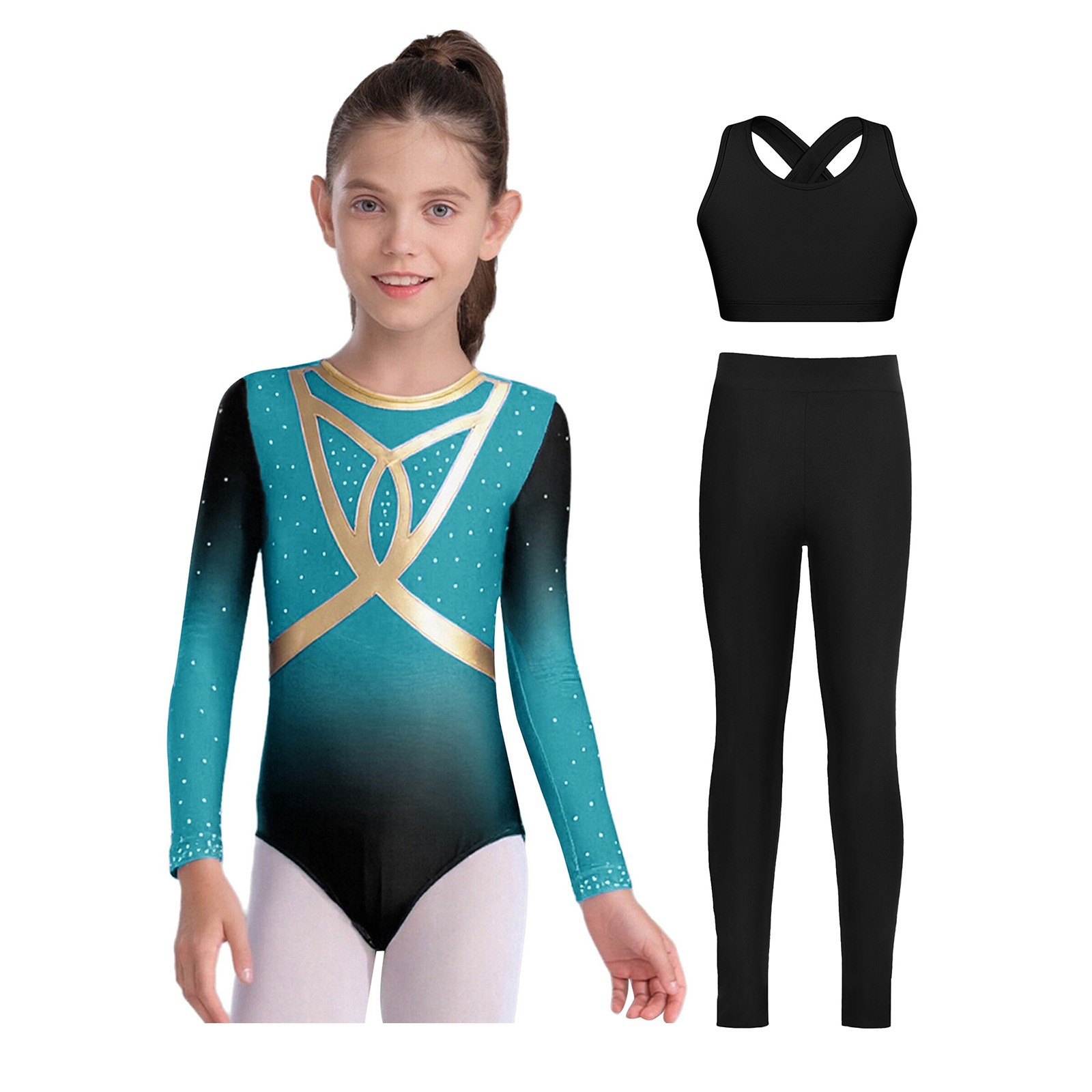 Kids Girls 3Pcs Set Team Dancewear Rhinestones Bodysuit Party Wear Shiny Pants