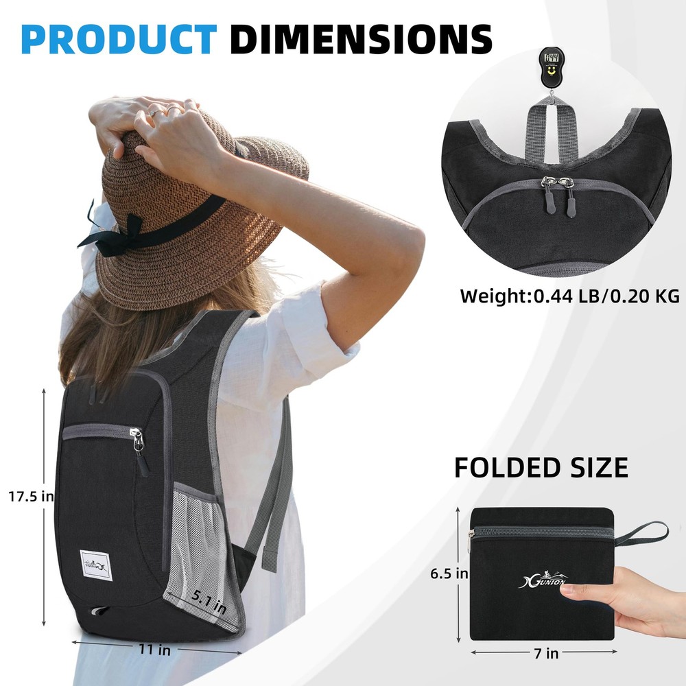 10L Small Travel Backpack, Black, Lightweight, Foldable, Packable, Hiking