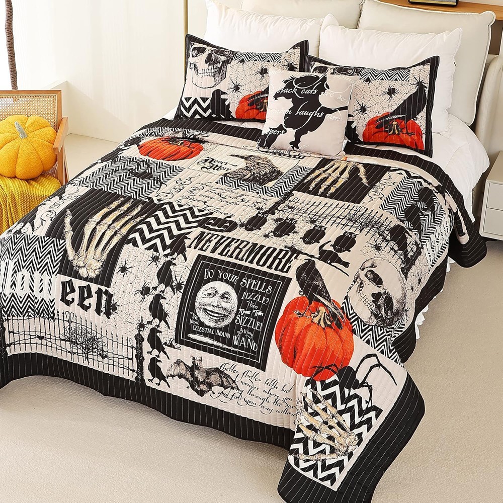 4 Piece Halloween Quilt Set Queen Size Bedspread Pumpkin Ghost Coverlet 90"x90"