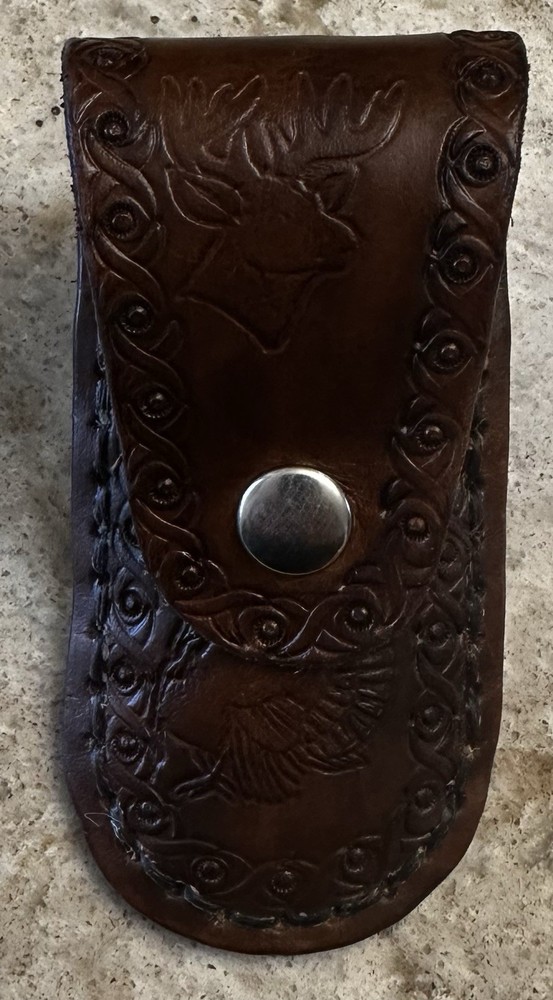 Handmade Small Leather Knife Pouch. Hand Stamped, Hand Dyed Hand Stitched.