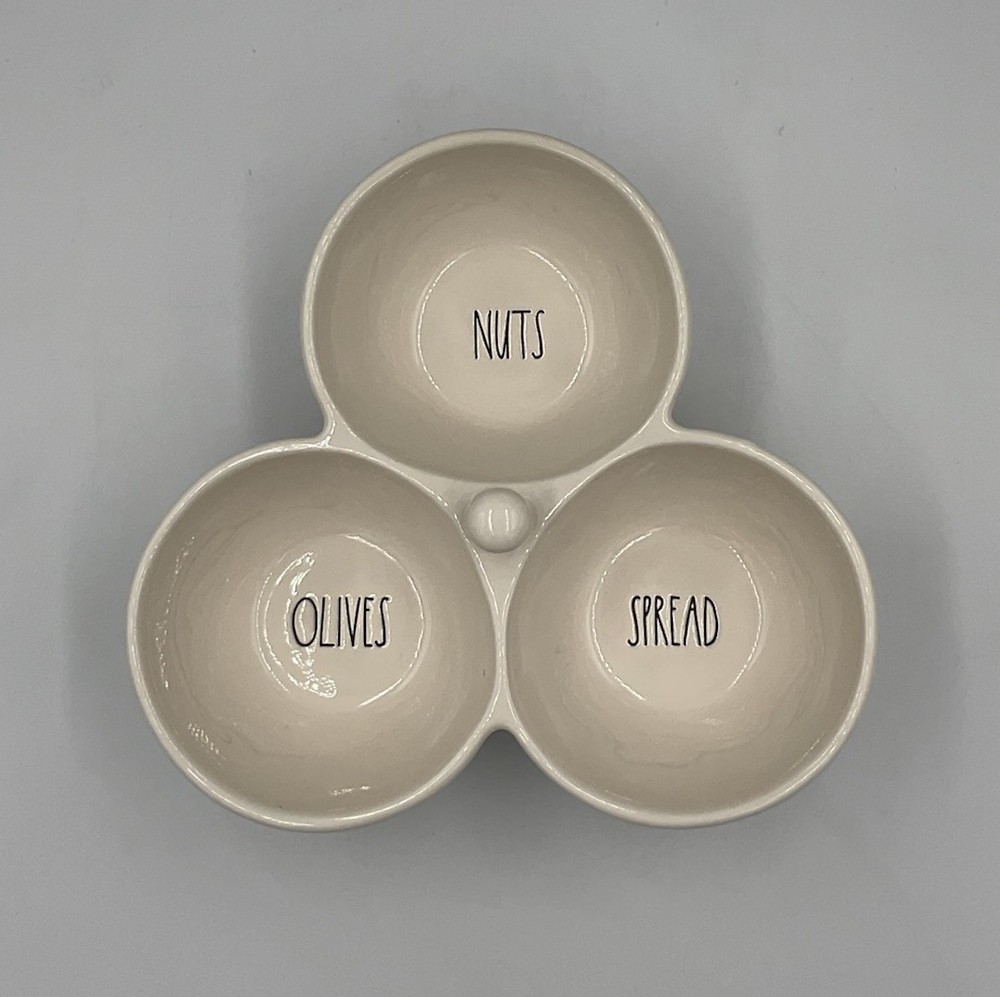 Rae Dunn NUTS OLIVES SPREAD Ceramic Tri-Section Snack Dish With Knob Handle