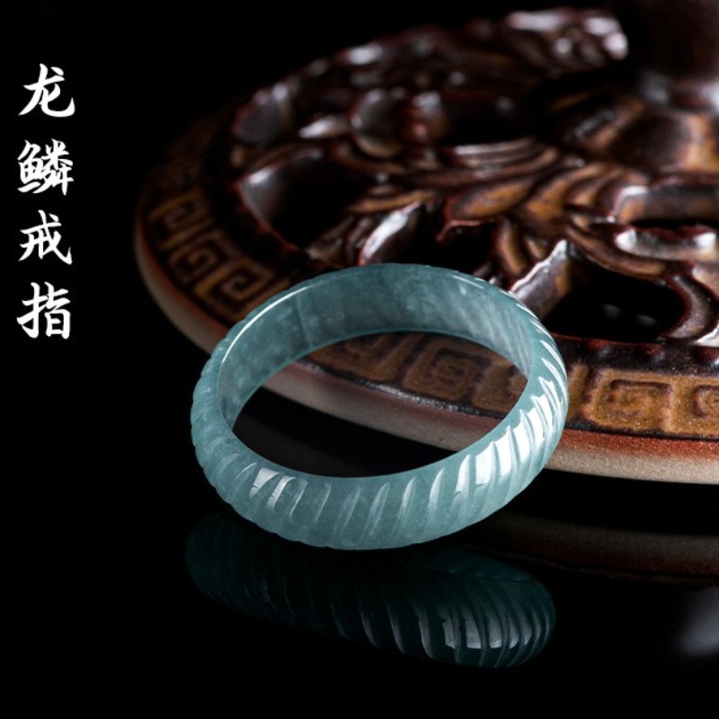 Certified natural A-grade jadeite Blue water Dragon scale pattern ring