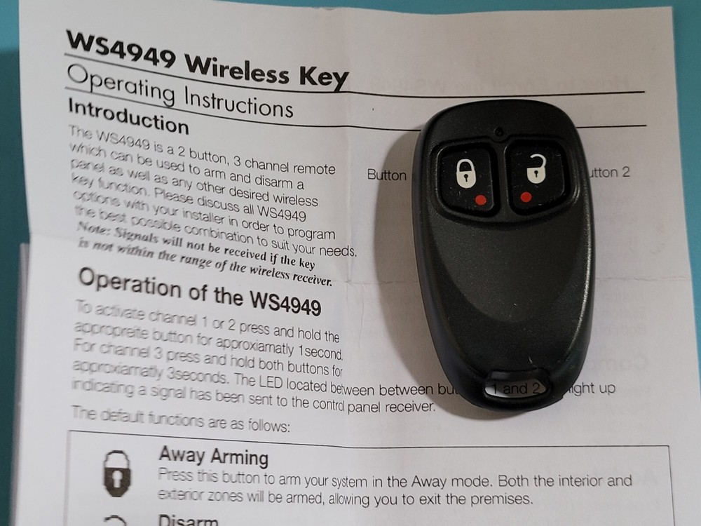 DSC WS4949 Wireless 433mhz 2-button, 3-channel wireless key