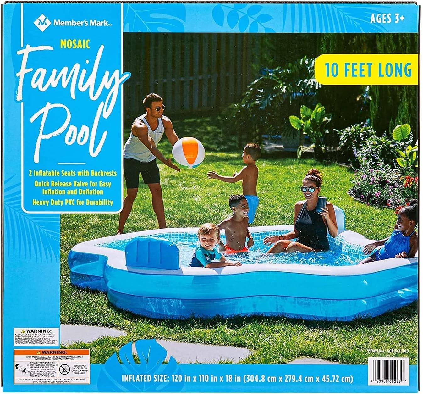 Members Mark Elegant Family Inflatable Pool 10ft 2 Seats Backrests Blue