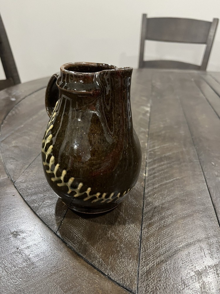 Duel Art Pottery Brown Pitcher Glazed Zigzag Design Studio Handmade Signed