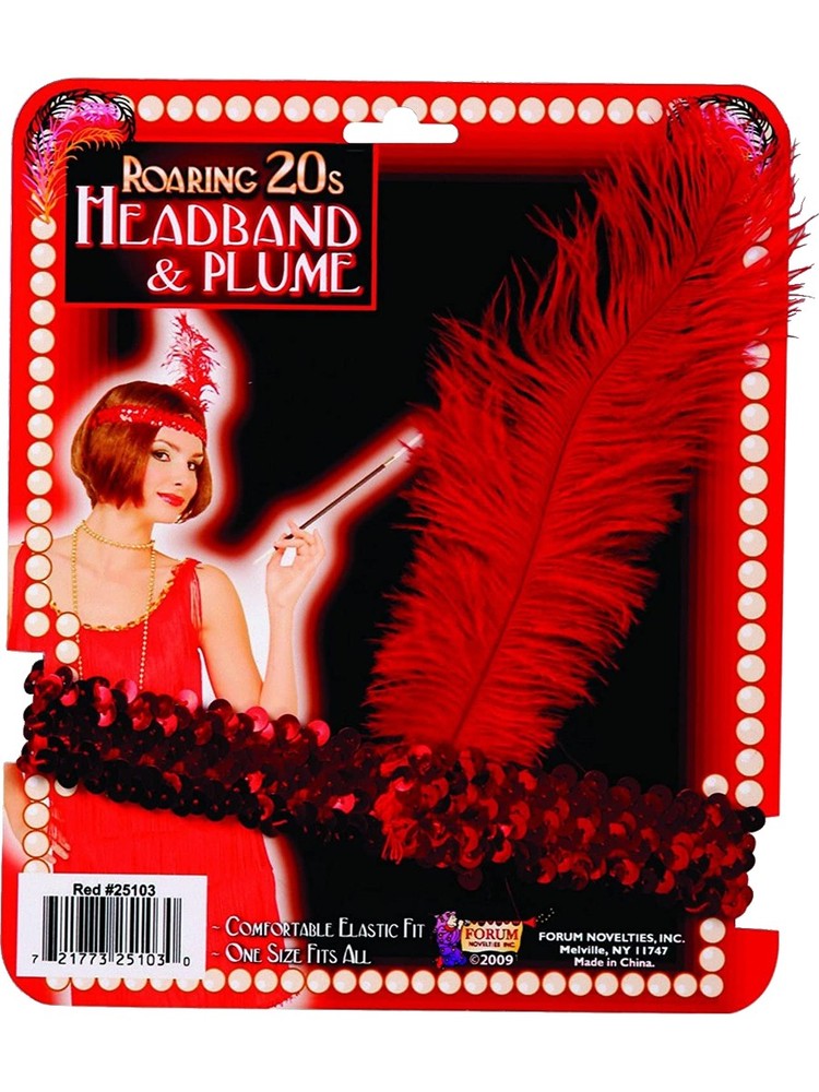 New Red Sequin Flapper Costume Headband with Feather