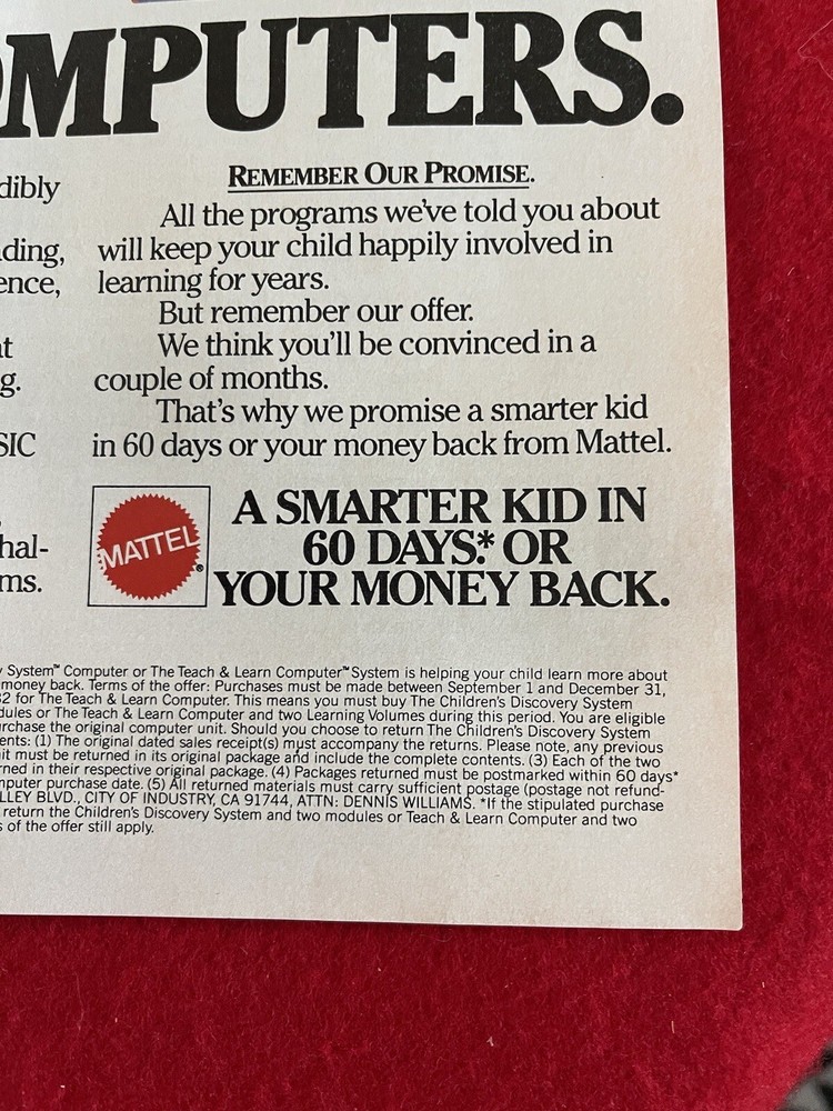 Vintage 1985 Mattel Programs For Kids Computers Print Ad