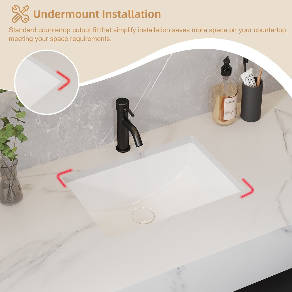 Rectangle Undermount Bathroom Sink, 20'' x 14'' White Ceramic Under Mount Sink