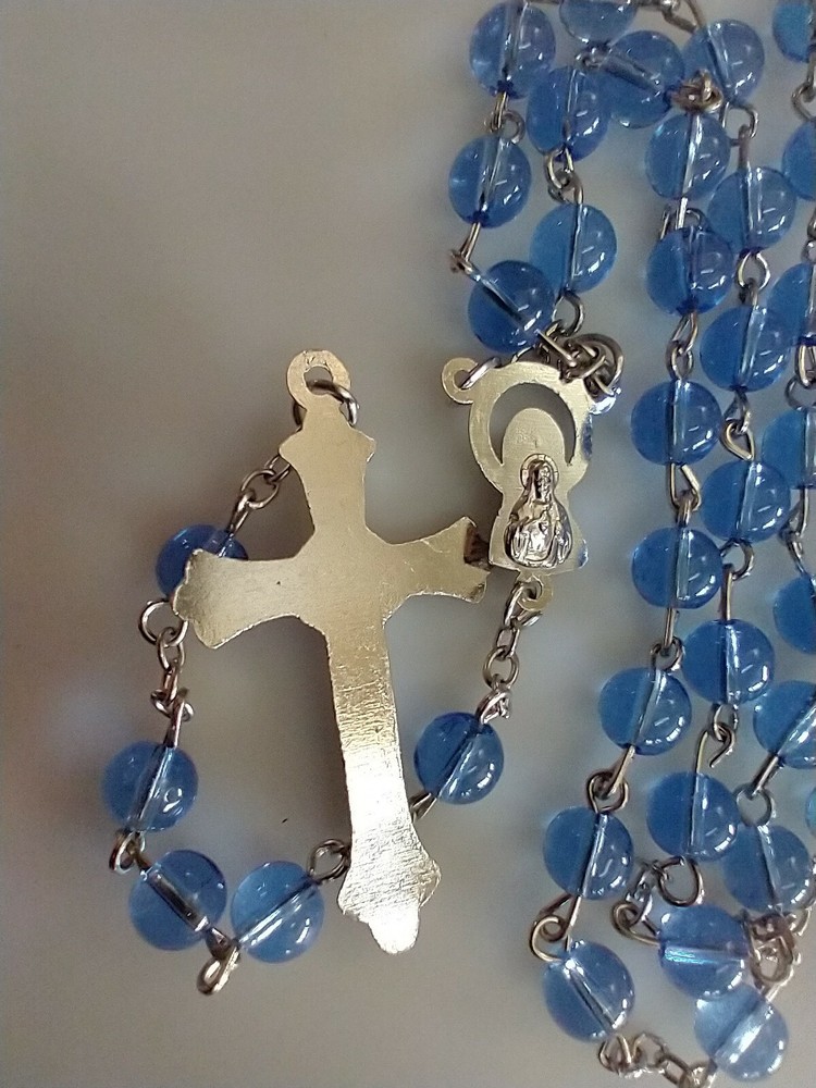 Catholic Blue Glass 5 Decade Rosary Silver Tone Crucifix