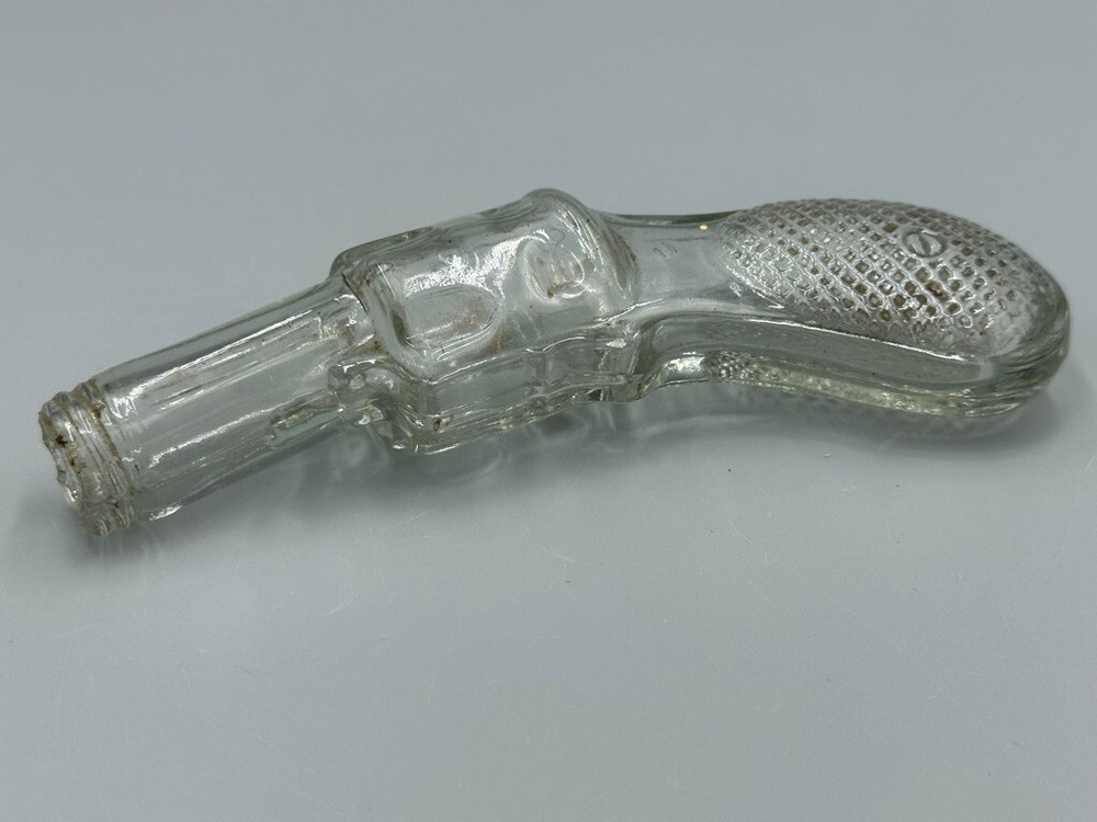 Antique GUN Medium Round Grip Figural Glass CANDY CONTAINER A&E 282