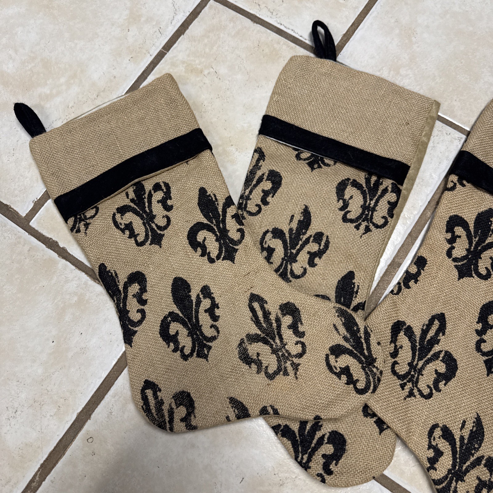 3 Hobby Lobby Fluer Di Lis Christmas Stockings Burlap French Cajun Classic EUC