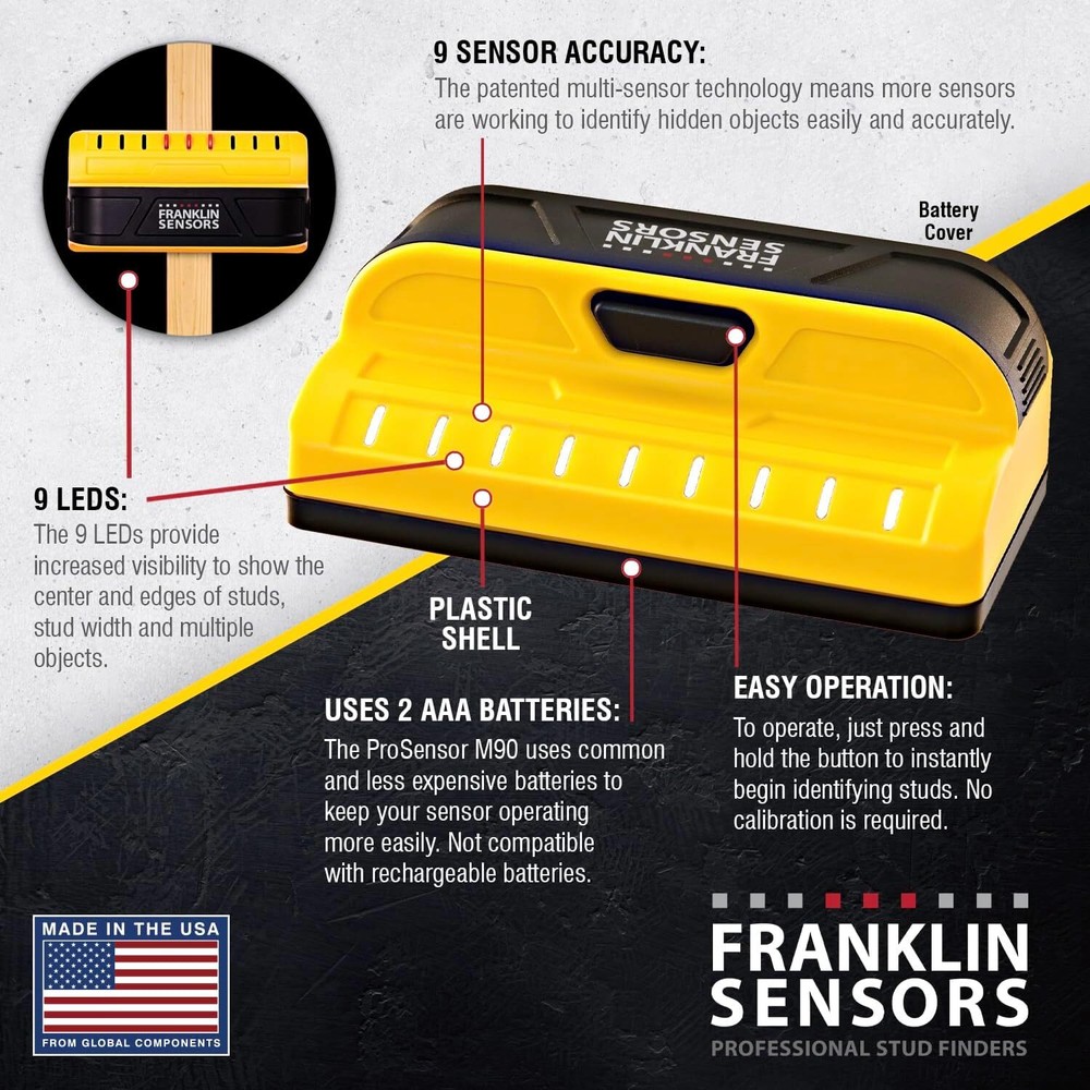 Franklin Prosensor M90 Stud Finder 9 Sensors Led Display Durable Accurate Tool