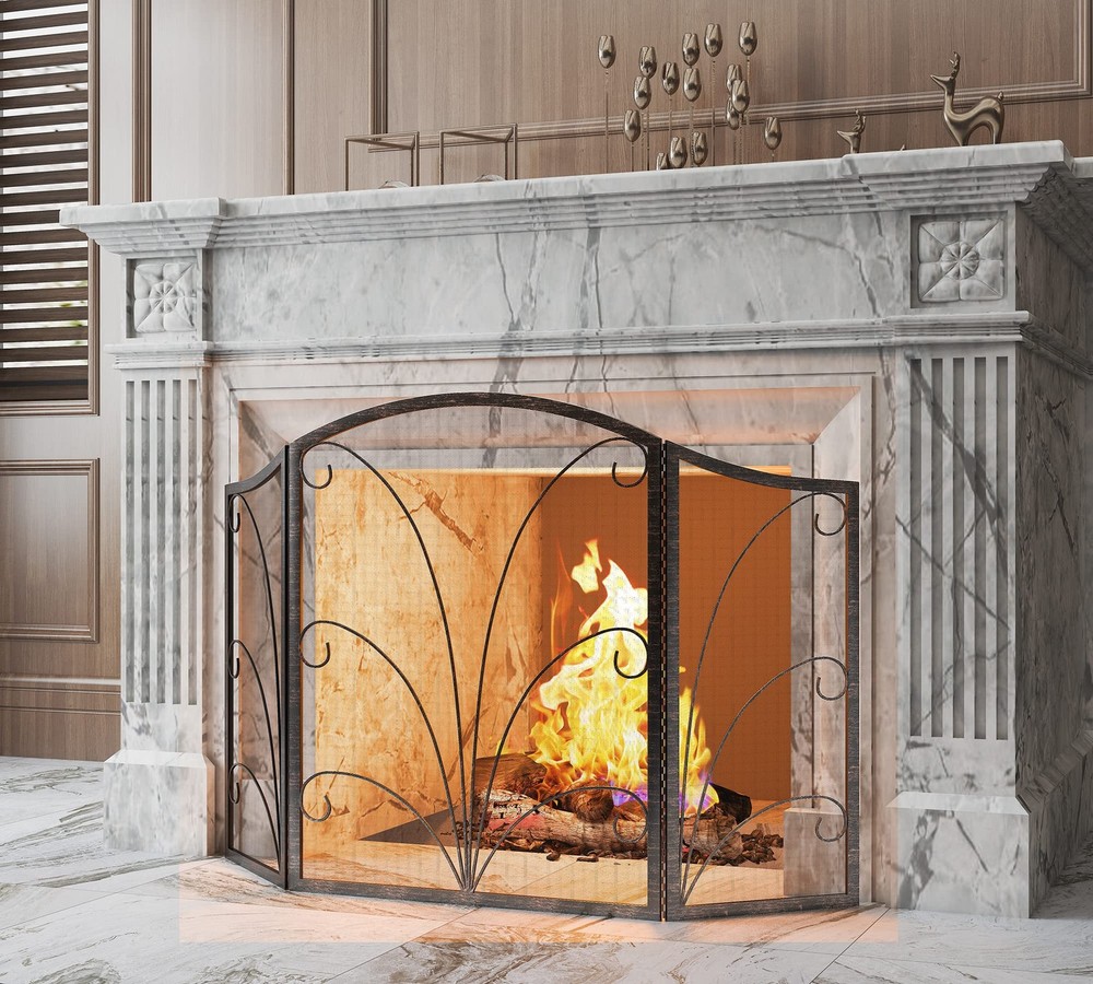 3-Panel Arched Childproof Fireplace Screen Decorative, Handcrafted Scroll Wro...