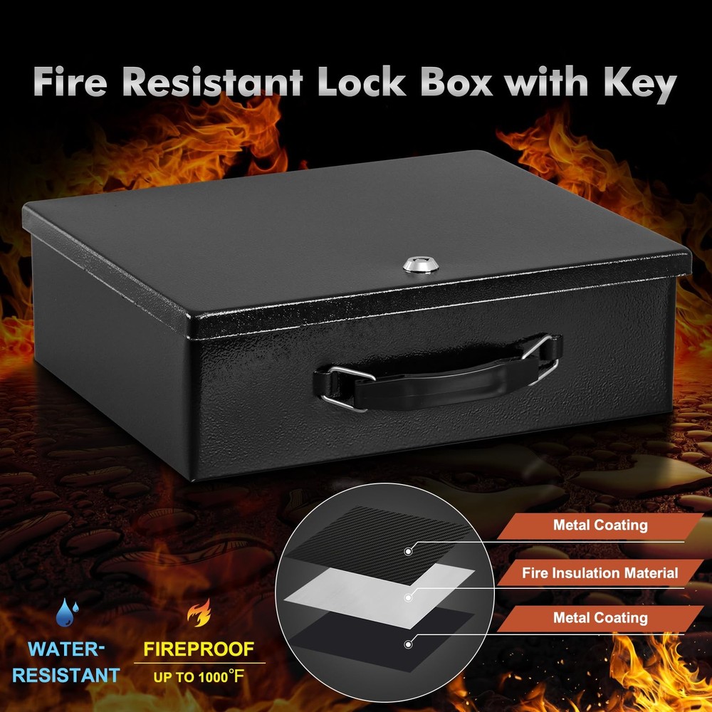 KYODOLED Fireproof Document Box with Key Lock, Small Medium, Black-M-Key Lock