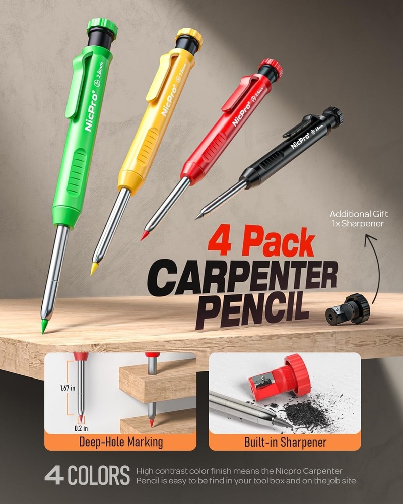Versatile Construction Pencil Set with Sharpener and 6 Color Refills for Marking