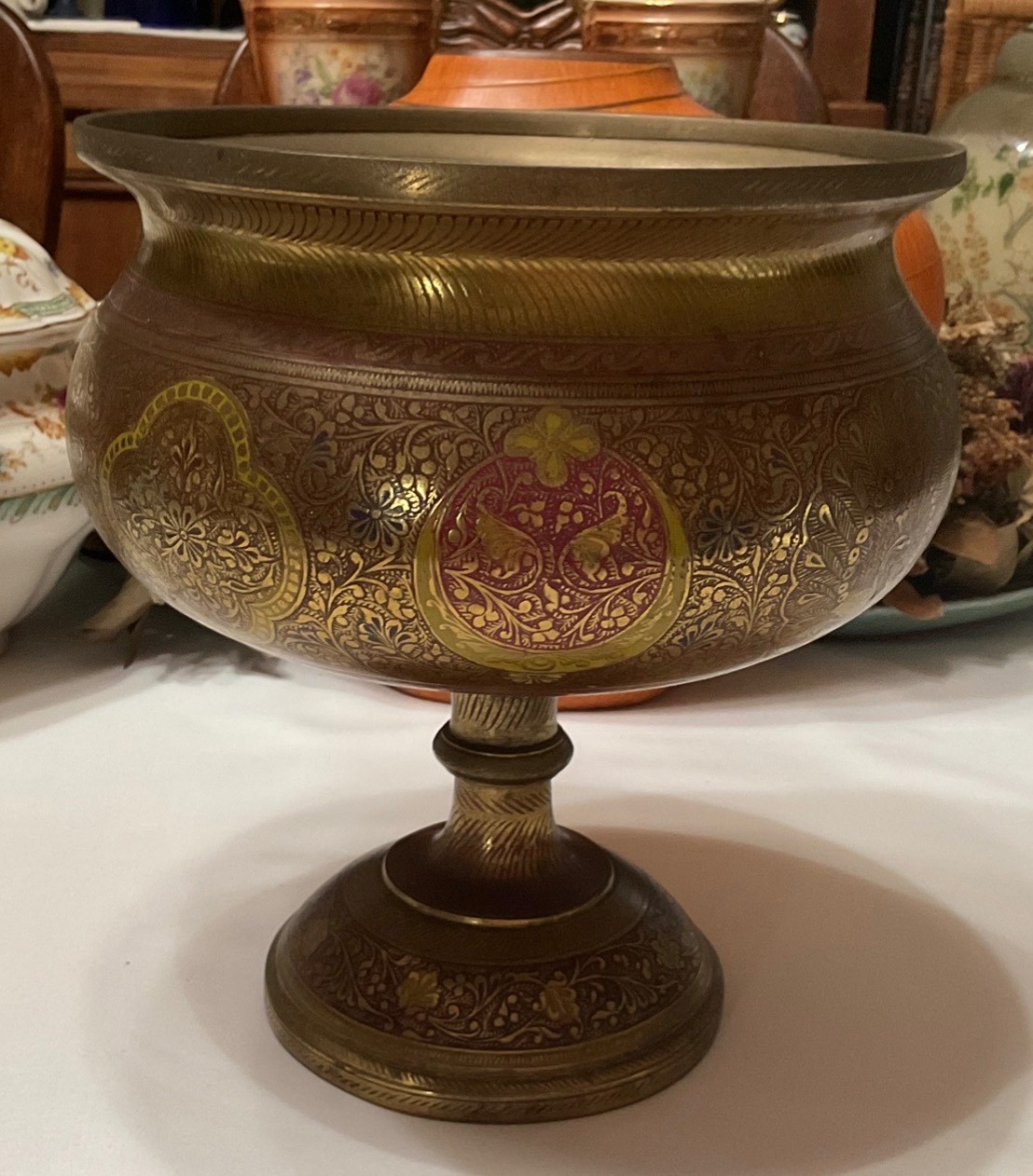 Etched Brass Pedestal Bowl Urn Peacock Floral Motif 7.3lb Ornate Centerpiece