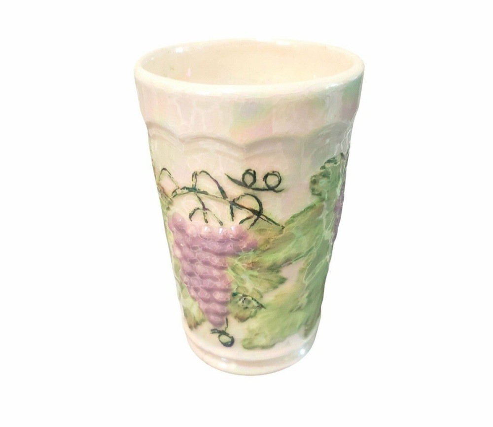 Vintage grape leaf cup set , glazed pottery cup set signed