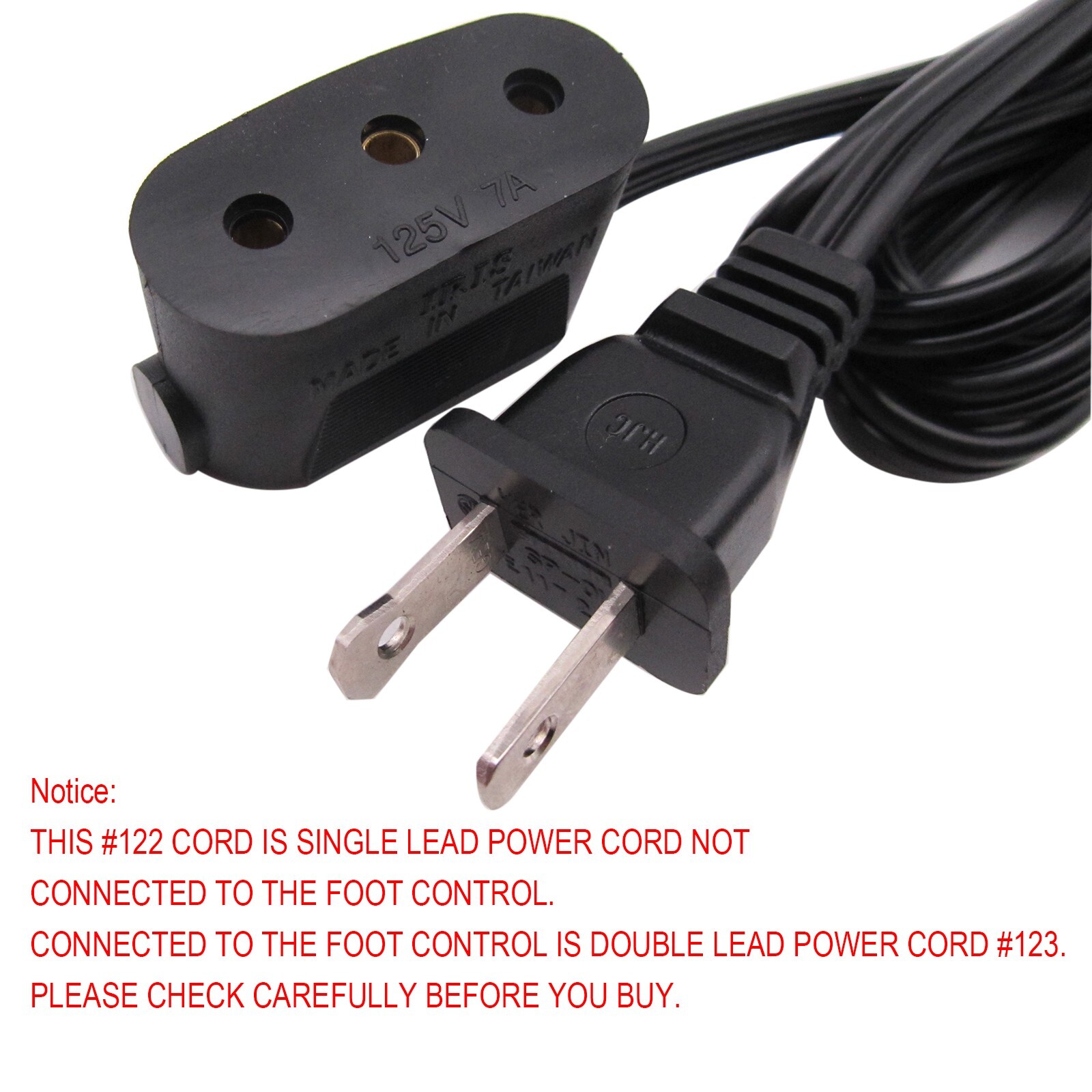 #122 110V Single Lead Power Cord FOR SINGER 201,301,401,401A,403,206K,306K,15-90