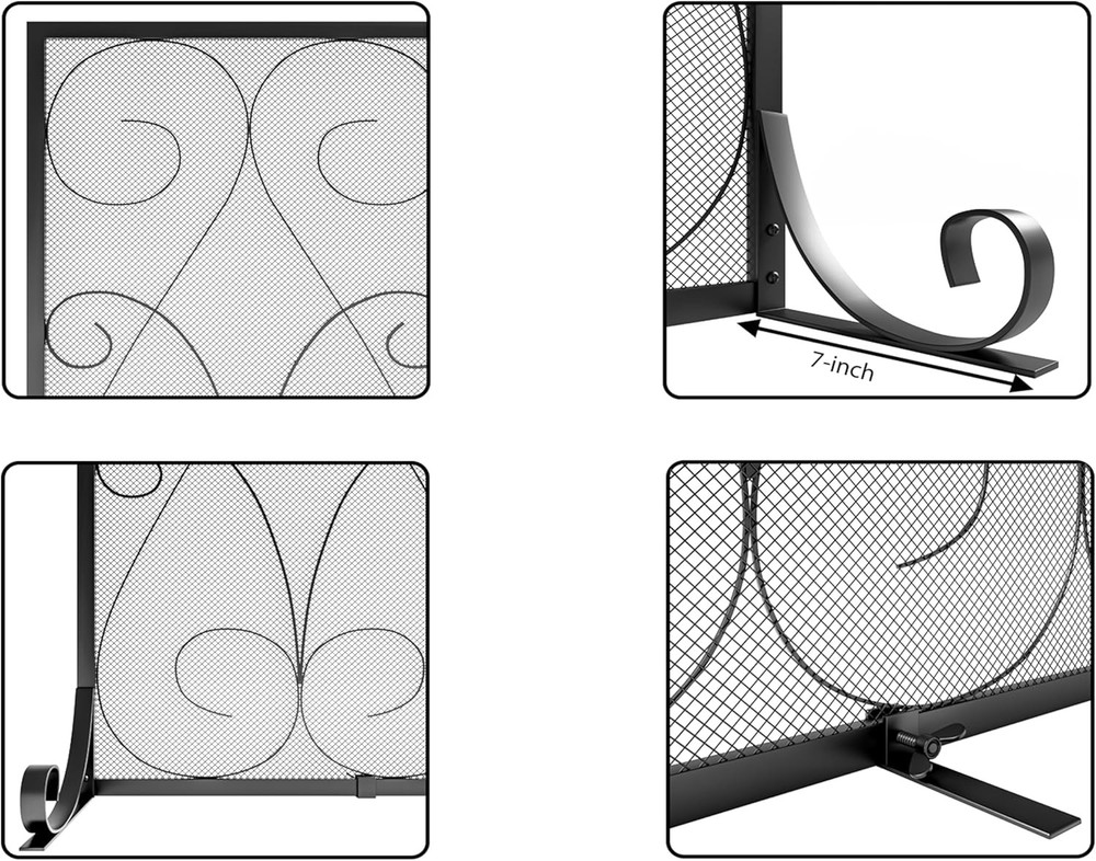 Single Panel Handcrafted Wrought Iron Symmetric Scroll Flat Fireplace Screen wit