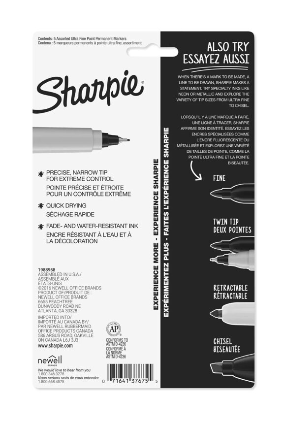 Sharpie Permanent Markers, Ultra Fine Point, Assorted Colors, 5 Count