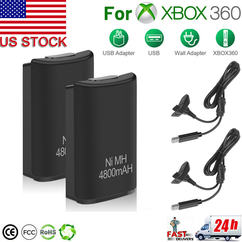 2 Rechargeable Battery Pack Charger Cable Dock for Xbox 360 Wireless Controller