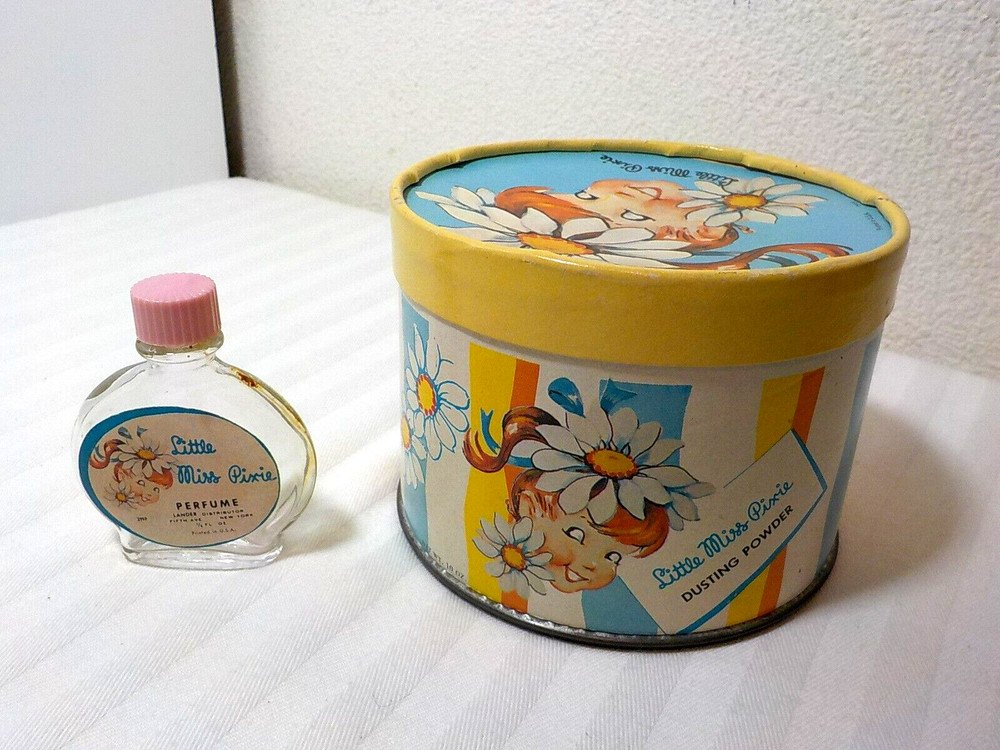 VINTAGE LANDER LITTLE MISS PIXIE DUSTING POWDER FULL & PERFUME BOTTLE EMPTY