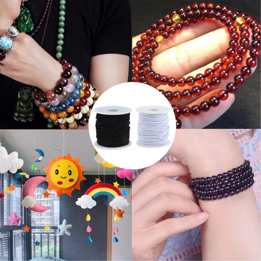 Stretchy String for Bracelets, 2 Rolls White Black (1.5mm), Black&white