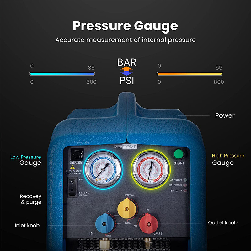 R1234YF 1 HP Dual Cylinder Refrigerant Recovery Machine Oil-Less Freon Recycling