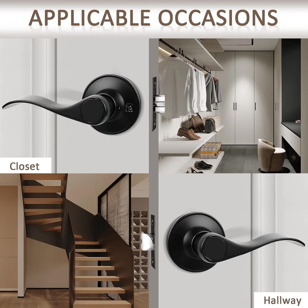 Keyless Black Door Lever Set - 6 Pack, Reversible Design, Non-Locking