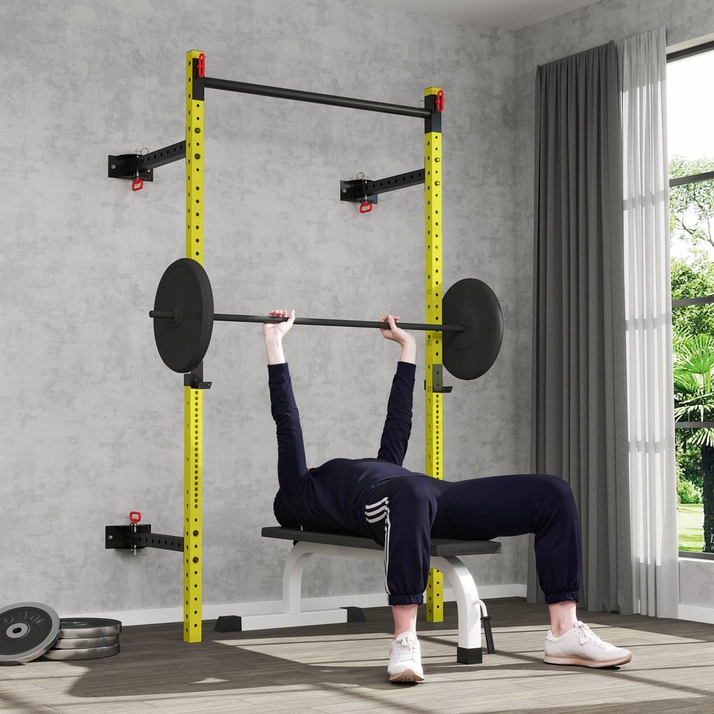Folding Squat Rack with Pull Up Bar Wall Mounted and Adjustable Power Rack