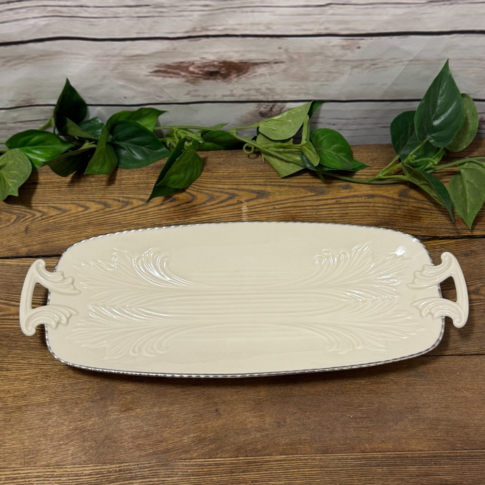 Lenox Ivory Rectangular Celery Asparagus Serving Tray Platter 13.5" Silver Trim