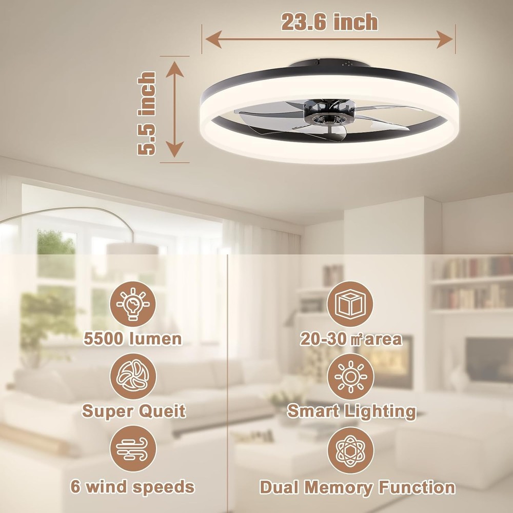 Quiet Low Profile Ceiling Fan with Remote & Dual Memory Function - 5400 Lumen