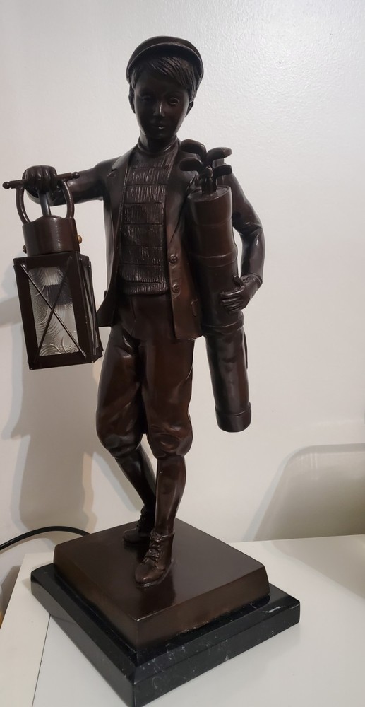 Bronze Boy Golfer Caddy Lantern Light Statue H 23"