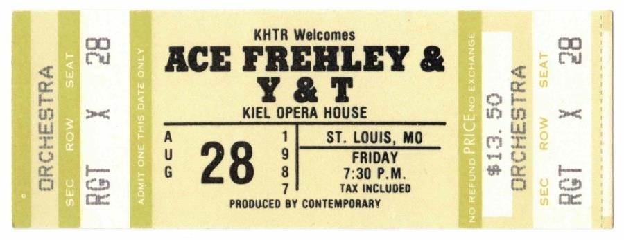 Ace Frehley / Y & T Tour. Kiel Opera House St. Louis MO. Aug. 28, 1987 Ticket