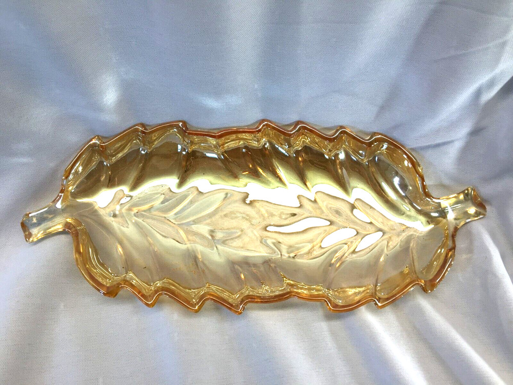 Iridescent Orange/Amber Leaf Shaped Celery Dish Stem Handles