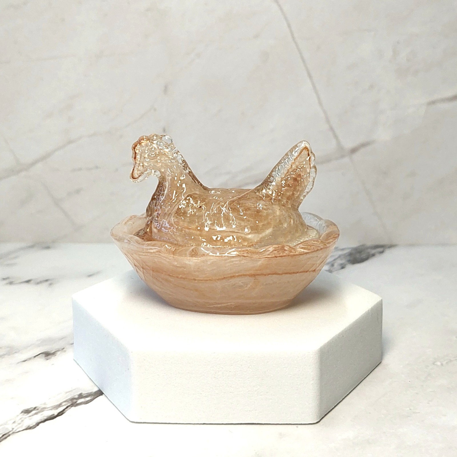 Chocolate Swirl Hen on Nest Chicken Salt Dish, Depression Style Glass, VTG Style