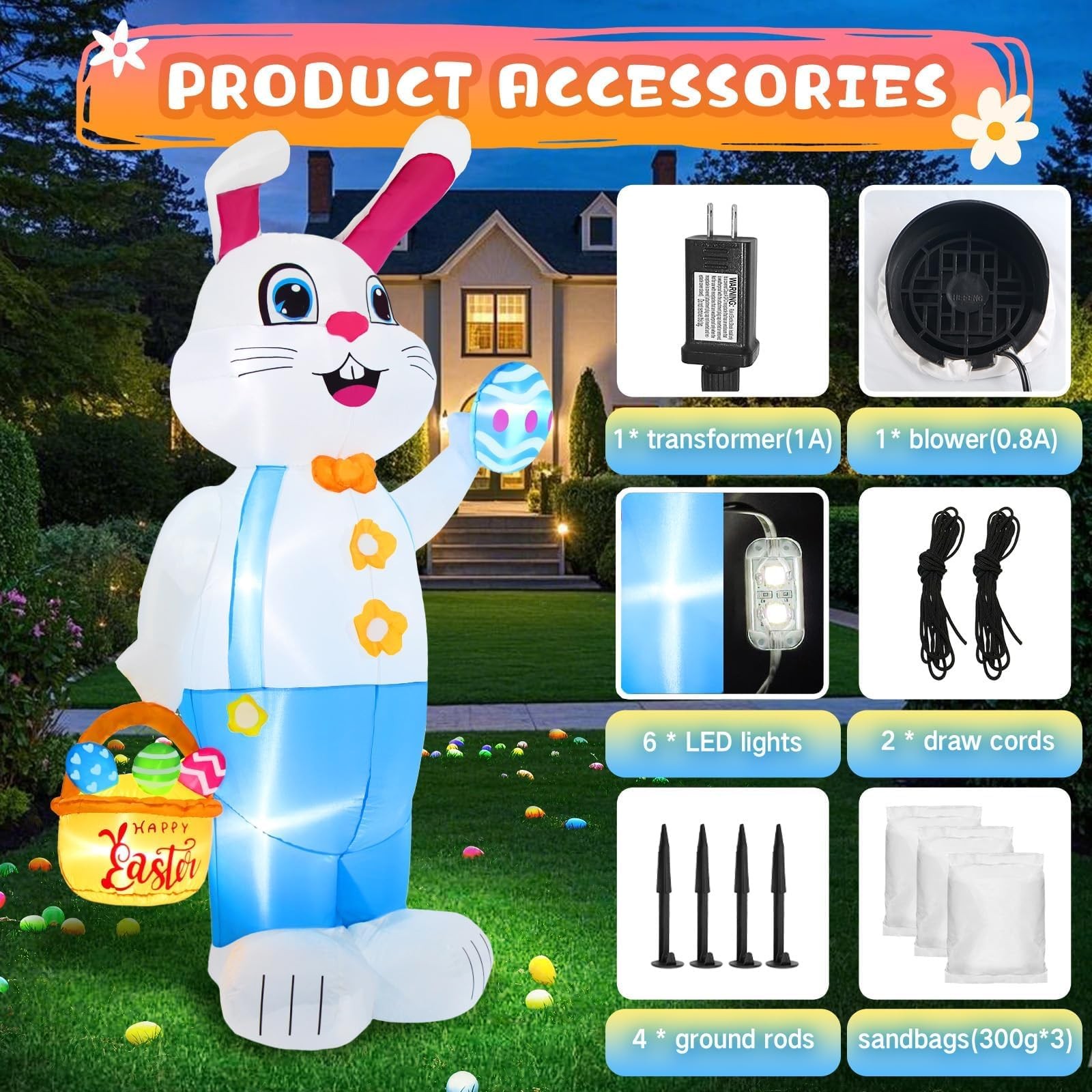 6FT Easter inflatables Bunny Outdoor Decorations LED Lighted Blow Up Rabbit