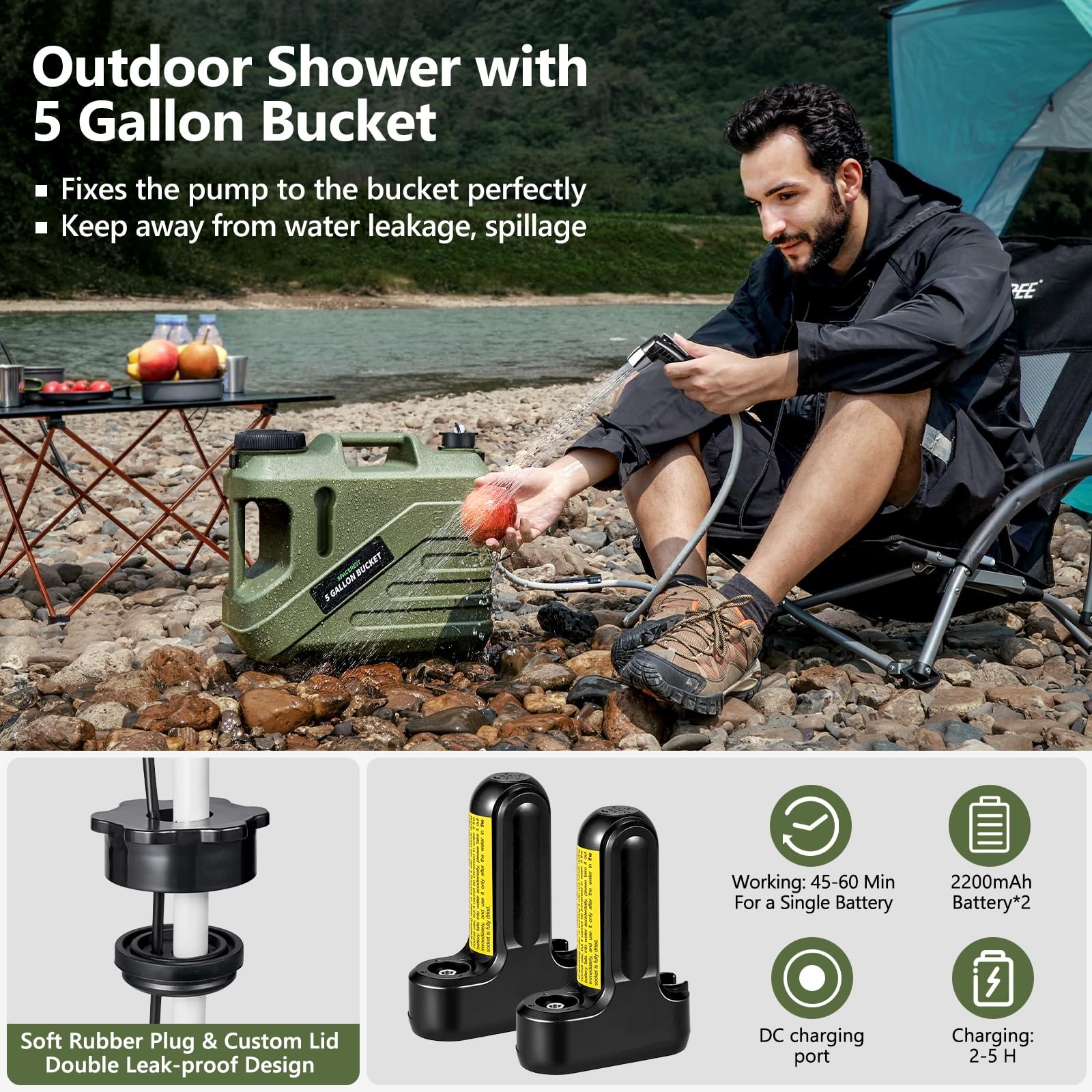 Portable Shower for Camping with Integrated Design – Spill-Resistant, Electri...