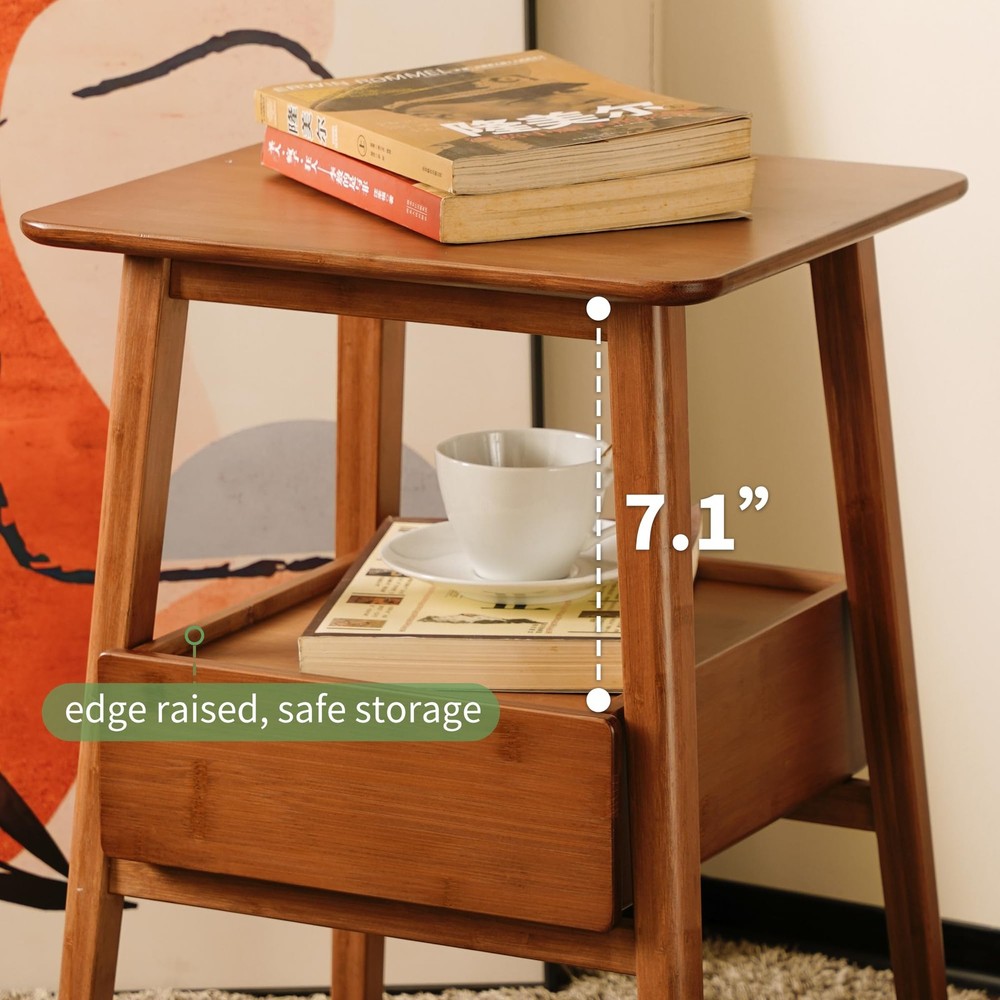 Fluted Nightstand with Drawer – Tall Solid Bamboo Bedside Table with Open She...