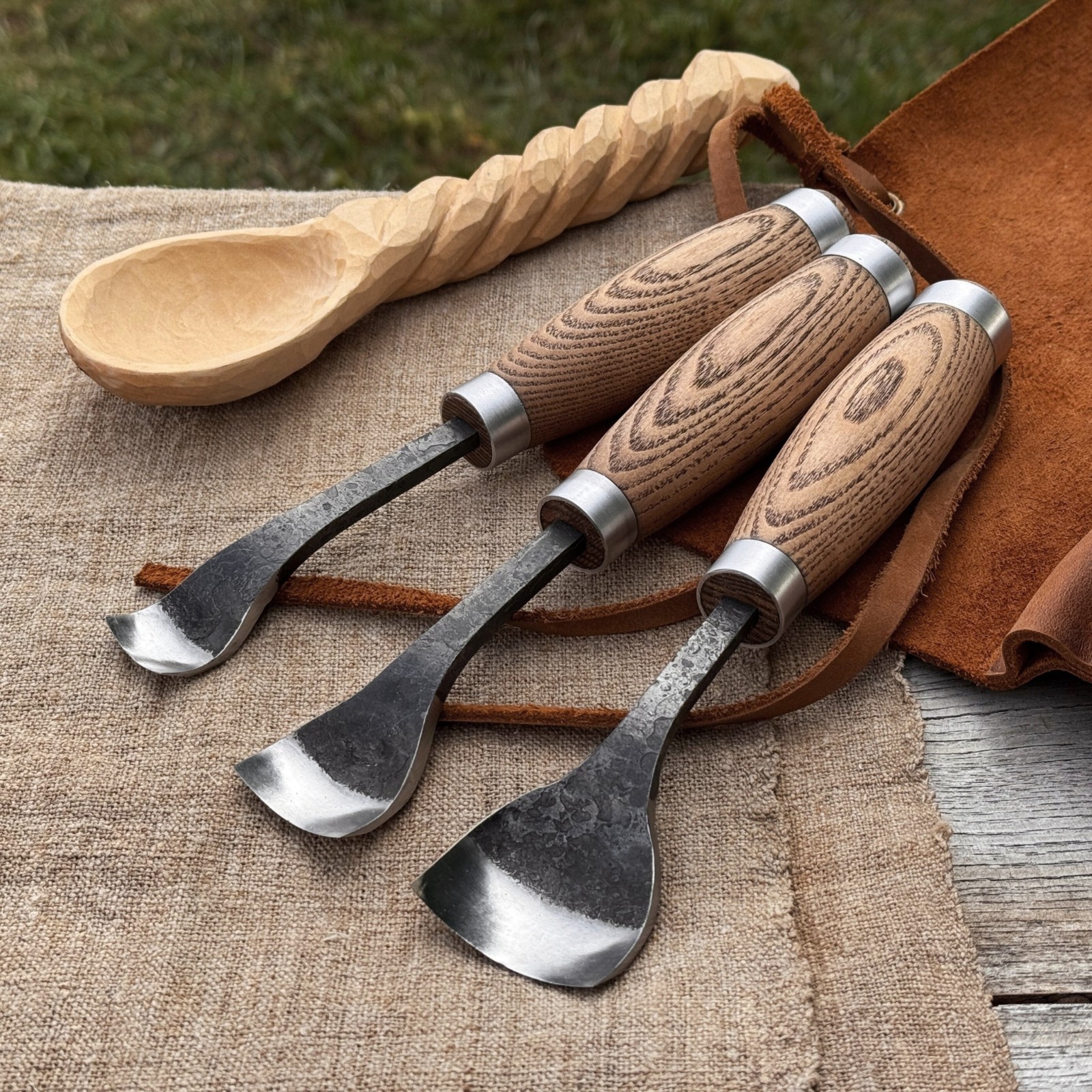 Set of 3 - 0.8, 1.2, 1.6'' Spoon Carving Gouges Hand-Forged Tool Bowls, Kuksas