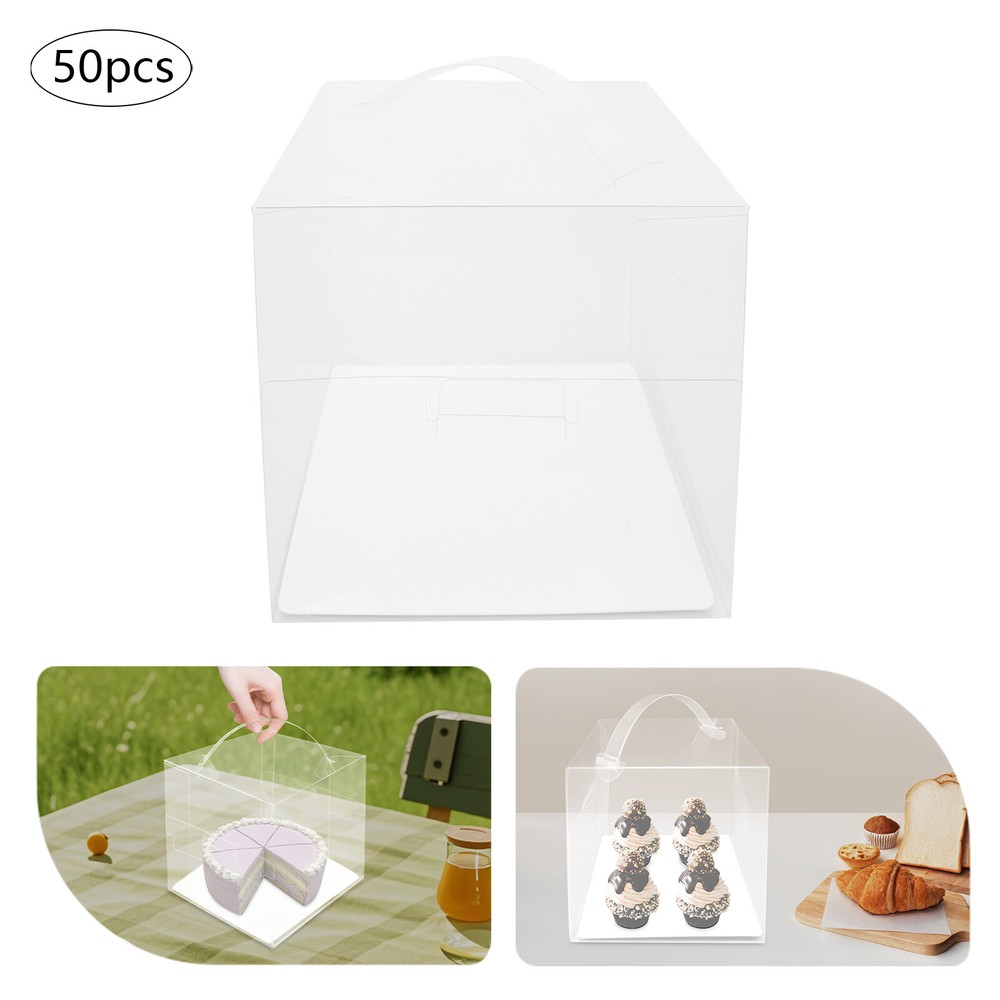 50 Pcs Clear Cake Boxes, Square Clear Cake Boxes, Cake Carrier with Handle