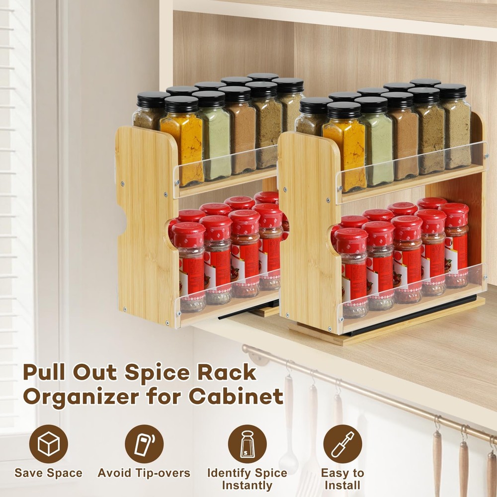 2 Tier Pull Out Spice Rack Organizer, Bamboo Sliding Spice Rack for Kitchen C...
