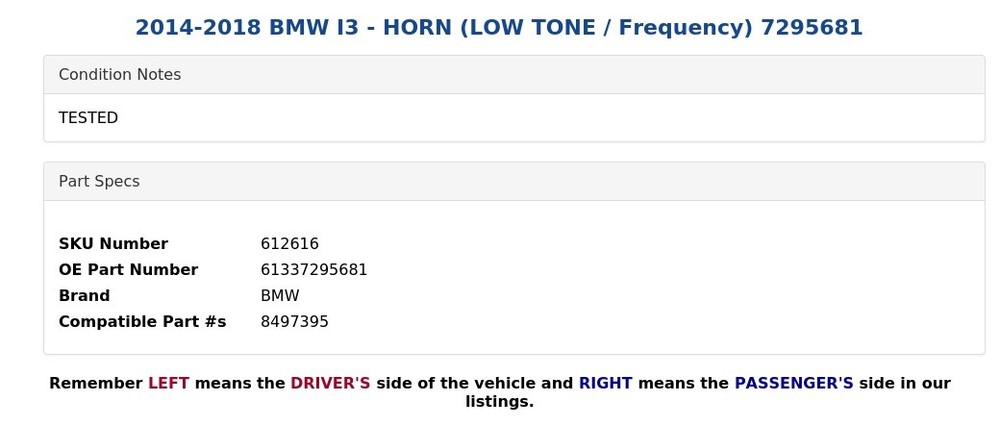 2014-2018 BMW I3 - HORN (LOW TONE / Frequency) 7295681