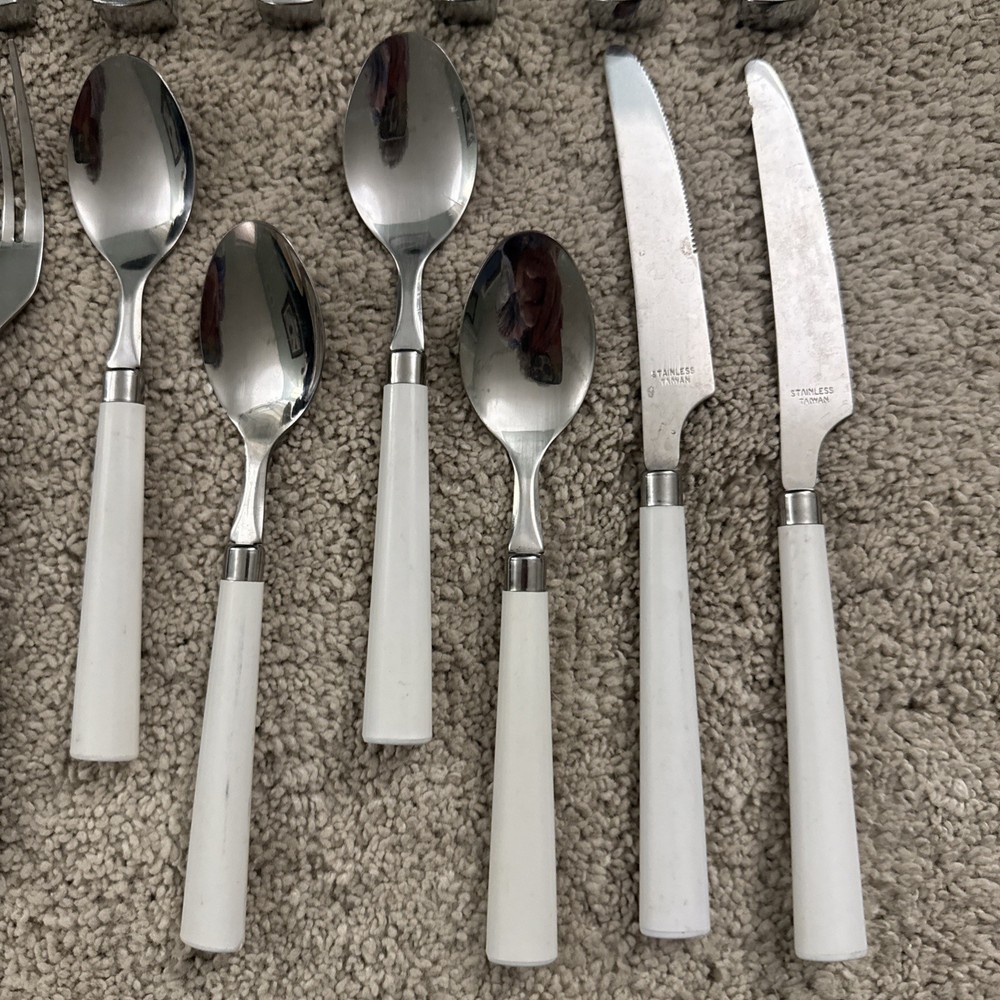 Assorted 17-pc White Plastic Handle Stainless Flatware, China, Taiwan